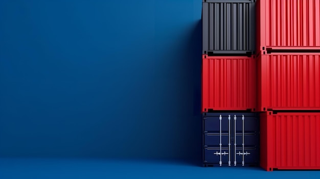 A stack of shipping containers on blue background with copy space