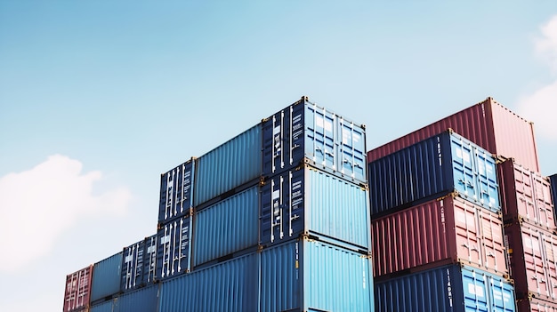 A stack of shipping containers with blue and red containers on top.