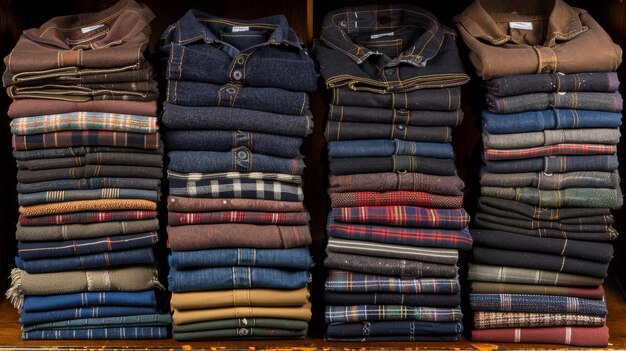 Photo a stack of shirts with a variety of colors and patterns