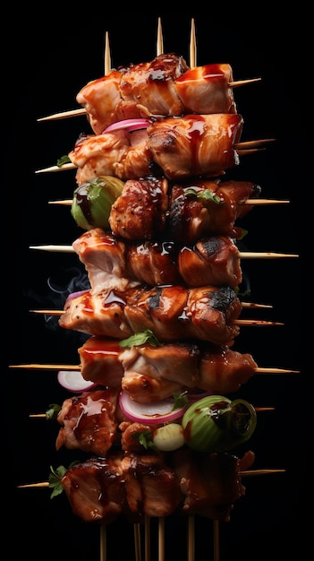 A stack of skewers filled with a variety of meats and vegetables Generative AI