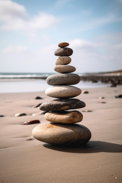 Stack of smooth balanced stones on a beach created with generative ai