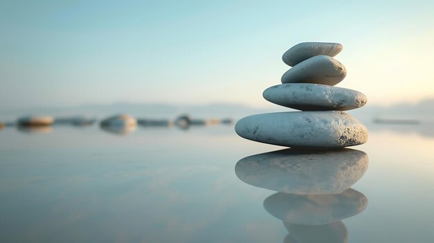 Photo a stack of smooth round stones balanced on a calm lake at sunrise