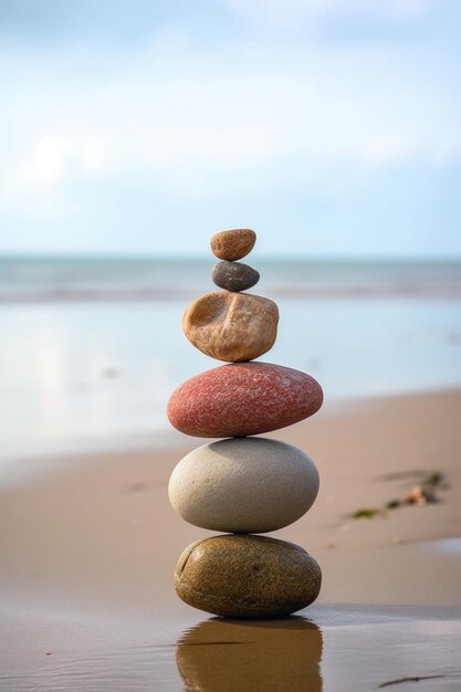 Stack of smooth stones balanced in harmony on a beach created with generative ai