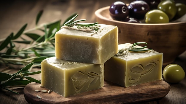 A stack of soap with rosemary on top