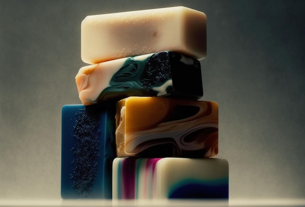 A stack of soaps with a blue and black background