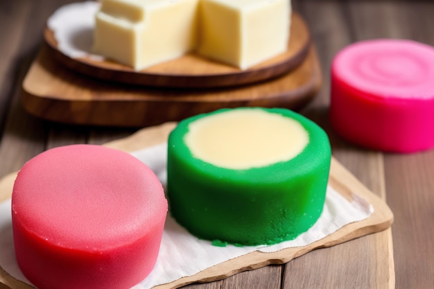 A stack of soaps on a wooden table with a plate of butter.