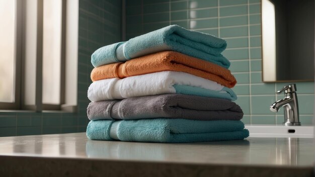 Stack of soft blue towels on a bathroom sink