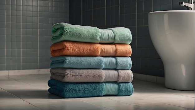 Photo stack of soft blue towels on a bathroom sink