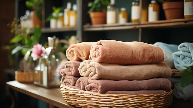 stack of soft towels and stack of towels on wooden table in bathroom