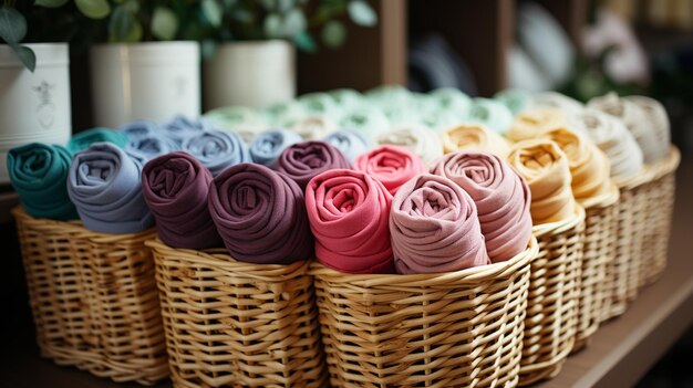 Stack of soft towels and stack of towels on wooden table in bathroom