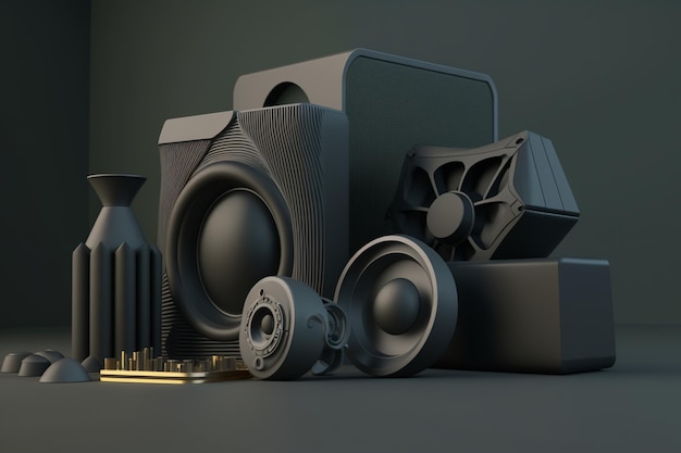 A stack of speakers and a vase with a black background.