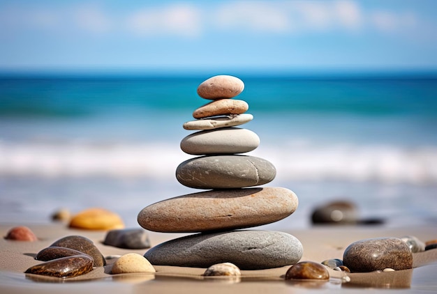 a stack of stones on the beach near the ocean in the style of bess hamiti