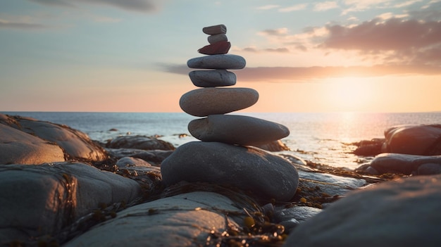 Foto pila di pietre sulla spiaggia al tramonto pila di pietre zen generative ai