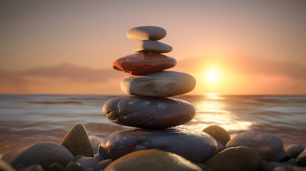 Stack of stones on the beach at sunset Stack of zen stones Generative Ai