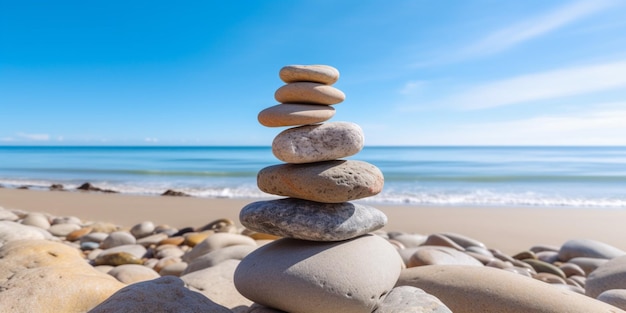 A stack of stones on a beach with the sun in the background.