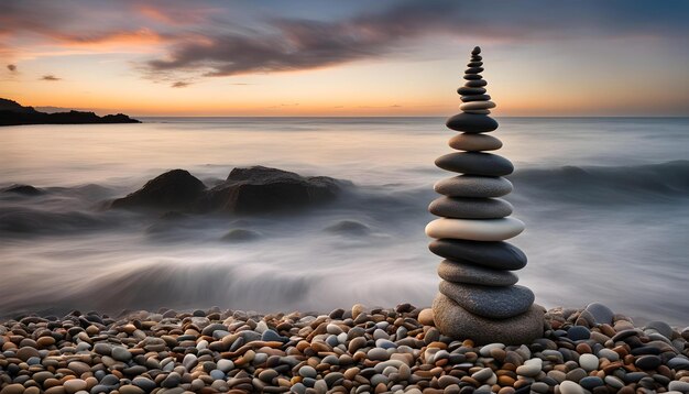 a stack of stones on a beach with the sun setting behind them