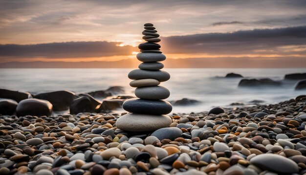 a stack of stones on a beach with the sun setting behind them