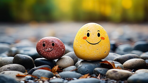 a stack of stones featuring a painted happy face against a nature background