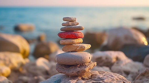 Stack of stones meditation yoga balance on sea shore close up