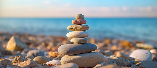 Stack of stones meditation yoga balance on sea shore