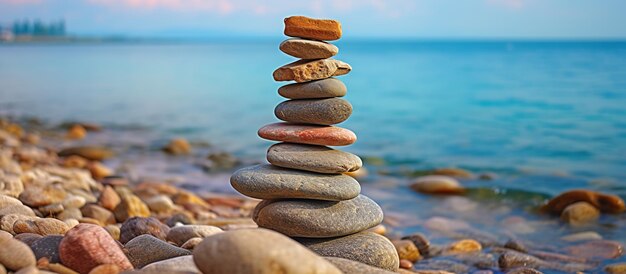 Stack of stones meditation yoga balance on sea shore