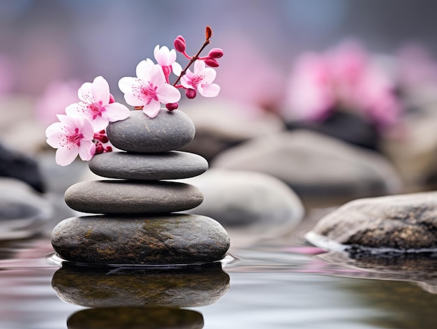 a stack of stones with flowers on top