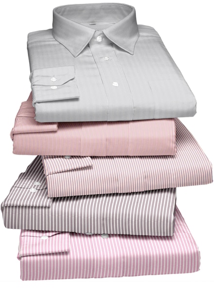 A stack of striped shirts in pink and gray.