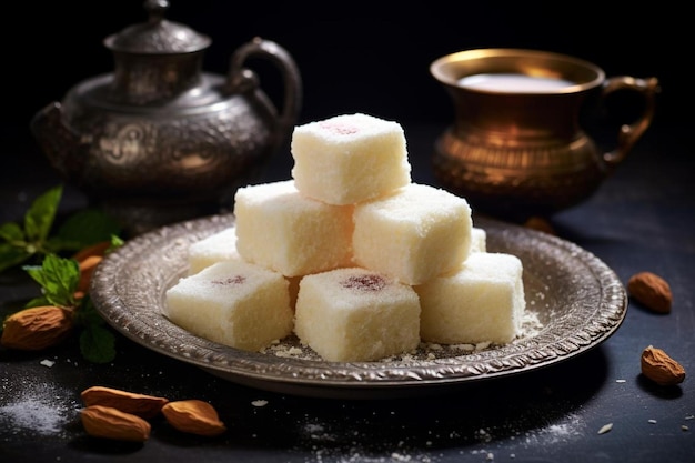 a stack of sugar cubes with a gold teapot on the table.