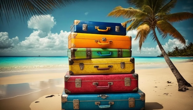 Stack of suitcases on the beach with palm trees in the background Generative AI