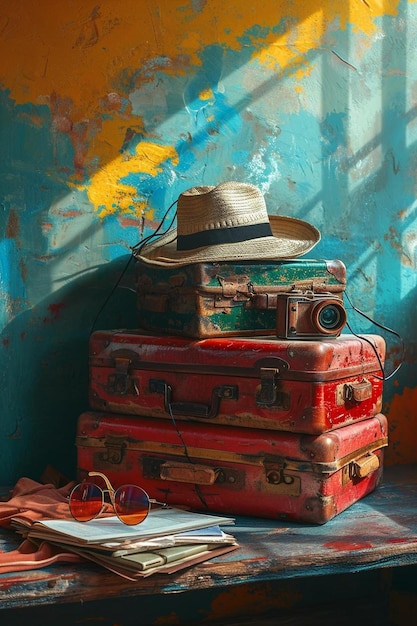 Photo a stack of suitcases and a hat on a table