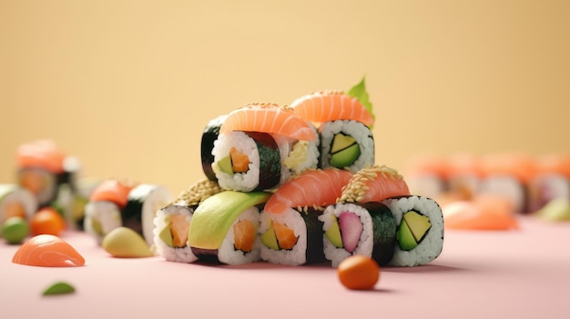 A stack of sushi on a table