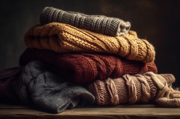 A stack of sweaters with a dark background