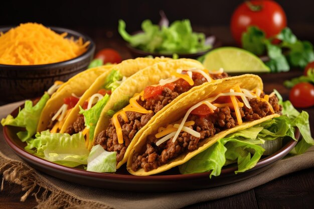 Stack of tacos with beef cheese and lettuce on golden plate created with generative ai