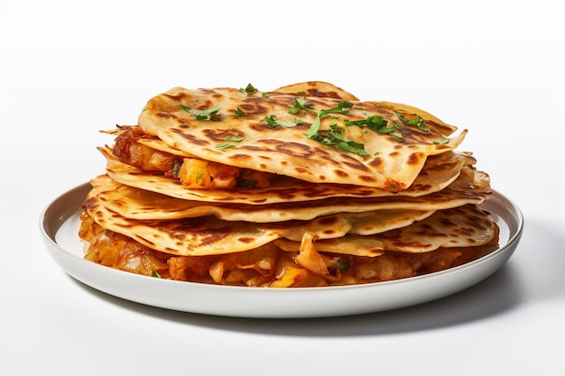 Stack of tast gobi pratha slices on white background