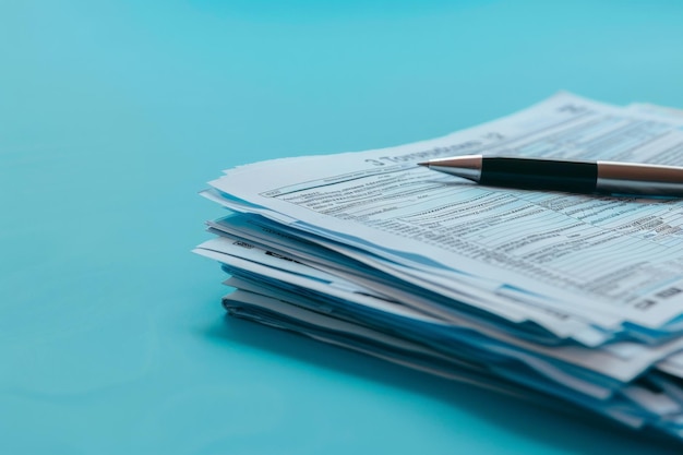 A stack of tax forms with a pen precariously balanced on top ready for action or creation