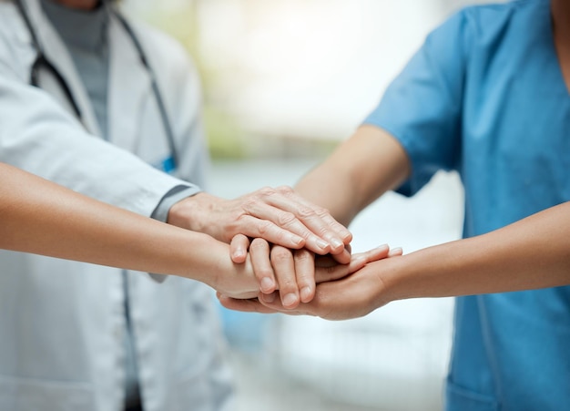 Photo stack teamwork or hands of doctors with collaboration for healthcare goals in meeting or community closeup team building or medical nurses with group support motivation or mission in hospital