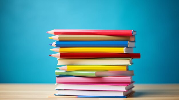 Stack of textbooks and notebooks with pen