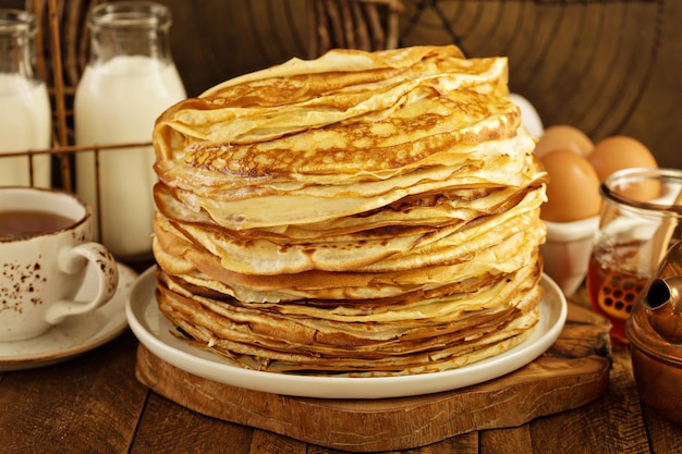 Stack of thin russian pancakes or crepes