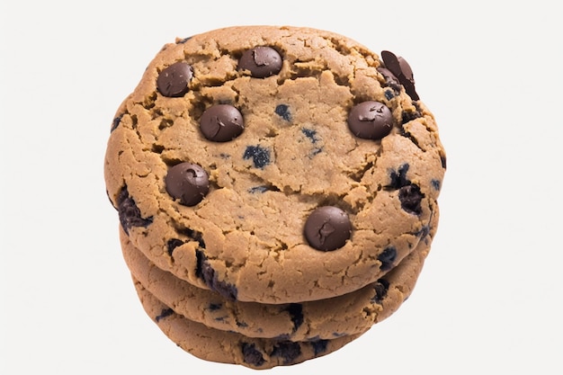 A stack of three chocolate chip cookies with one that says chocolate chip.