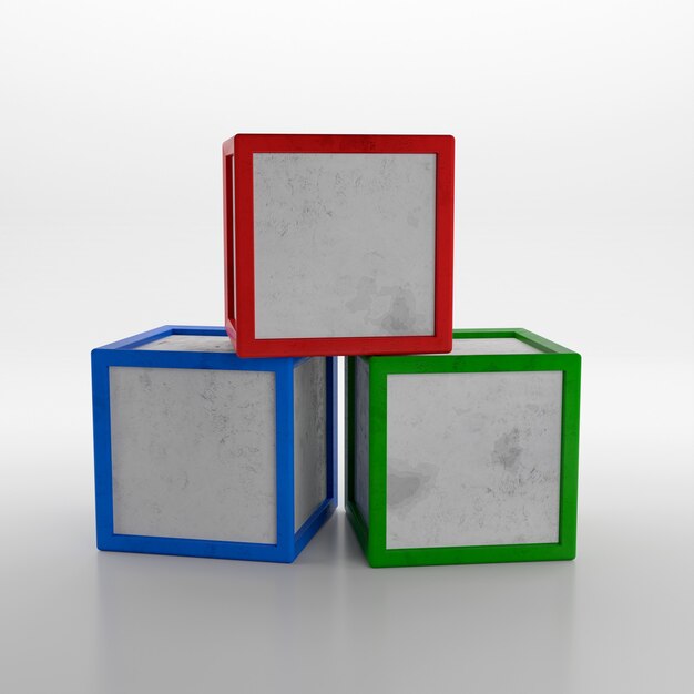 白い背景で隔離の3つのカラフルなおもちゃの立方体のスタック。 3Dレンダリング