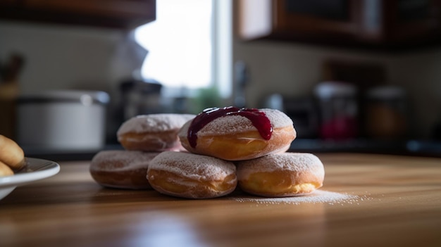 Photo a stack of three sufganiyot donuts with jelly on a wooden kitchen table with natural daylight