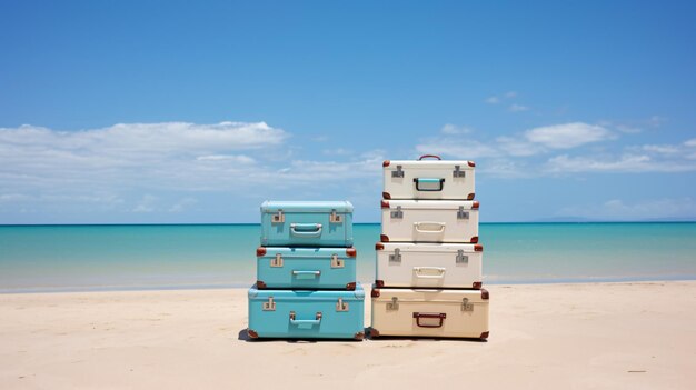 Stack of three suitcases on the beach copy space