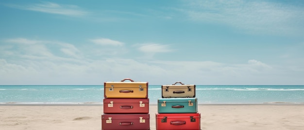 Stack of three suitcases on the beach copy space