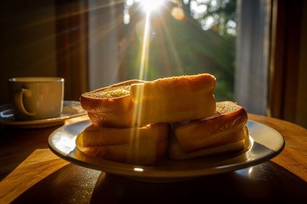 窓から差し込む太陽の下、お皿に積まれたトースト。