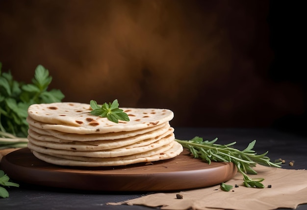 Photo a stack of tortillas with a few leaves on top of them