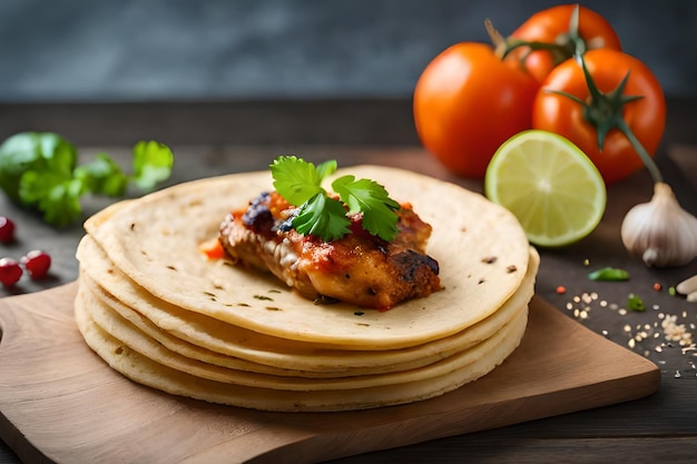 A stack of tortillas with a pile of tomatoes and cilantro on top.