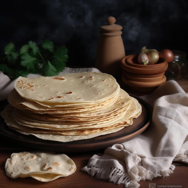 A stack of tortillas on a wooden table with a white cloth.