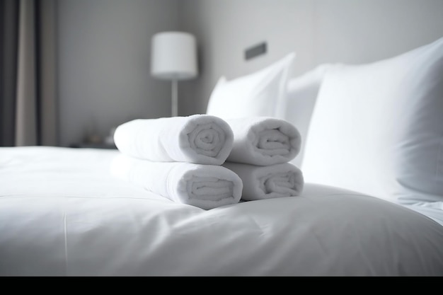 A stack of towels on a bed with a lamp behind them.