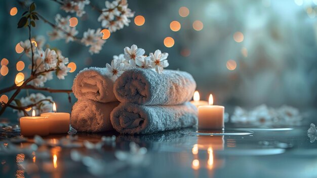 Stack of Towels Next to Lit Candle