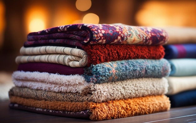 A stack of towels neatly arranged on a rustic wooden table